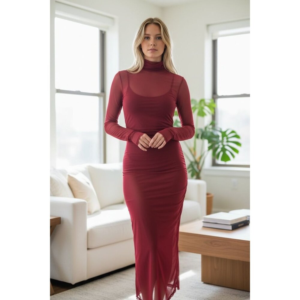 NEW AFRM Womens S Sheer Bodycon Mesh Long Sleeve Turtleneck Sexy Chic Dress Glam